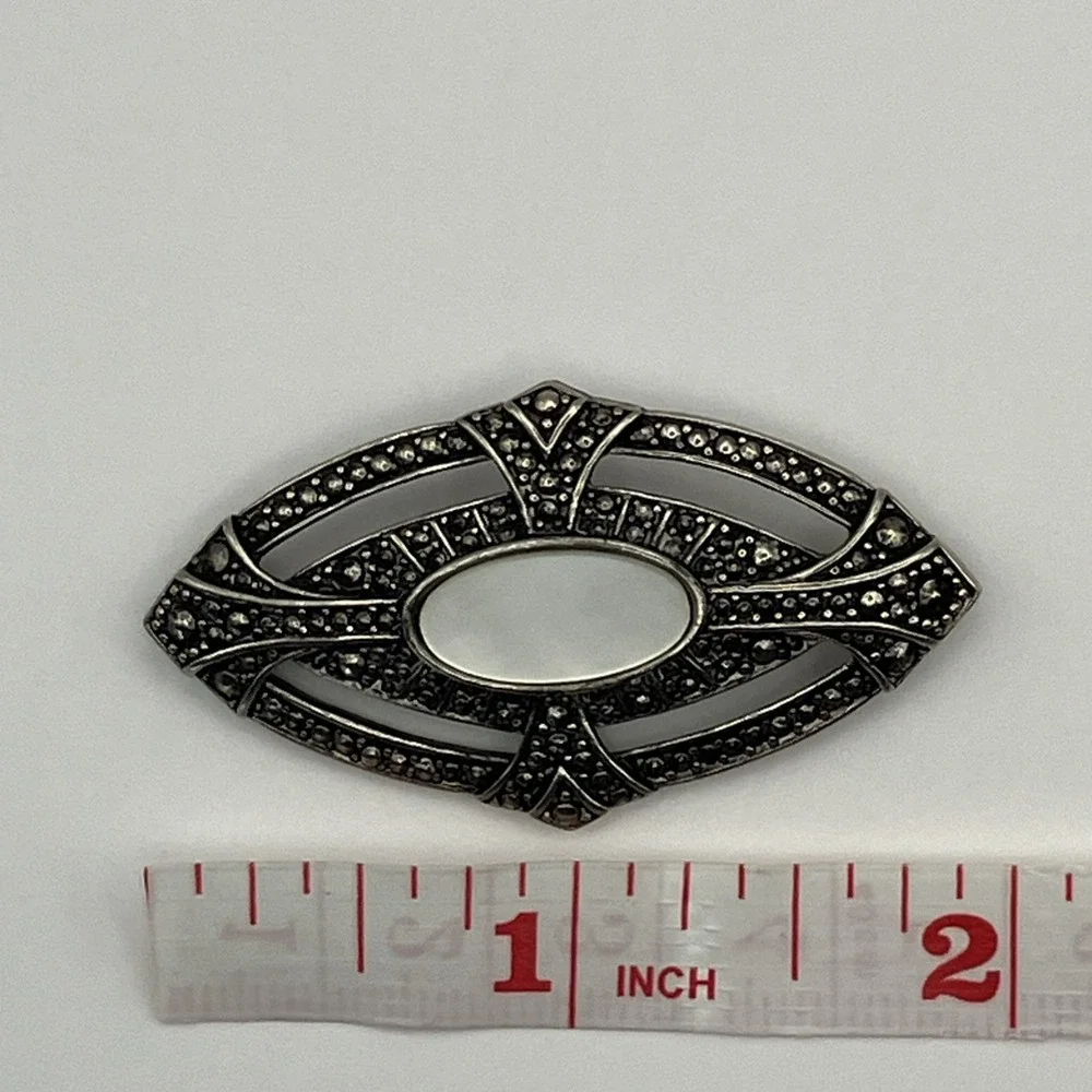 Vtg Avon Art Deco Revival Silver Tone Mother of Pearl Marcasite Style Brooch Pin